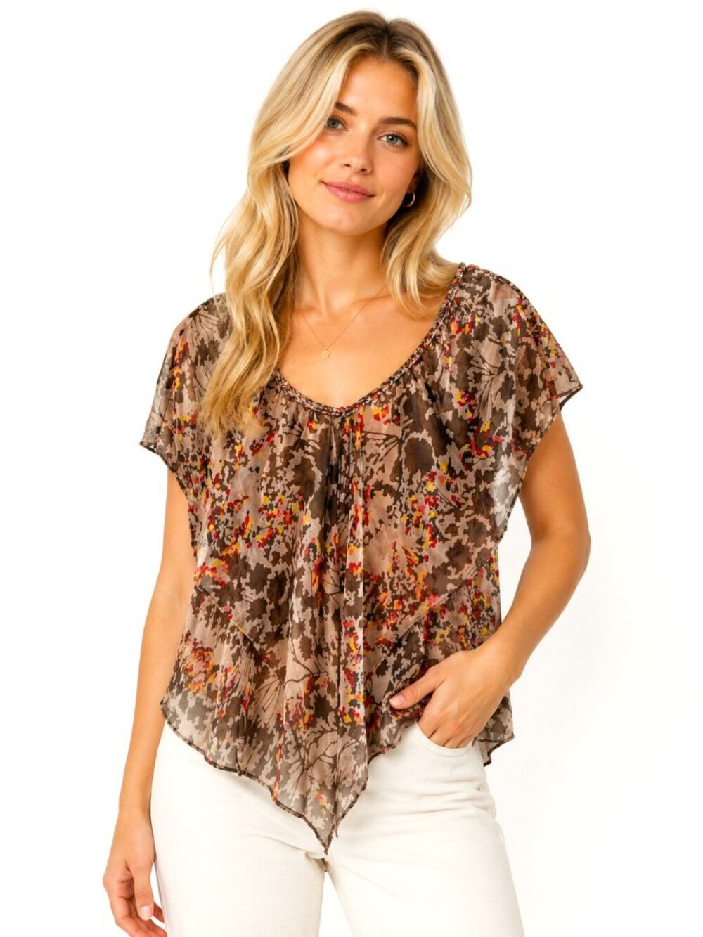 Postella Tan Floral Silk Braided V-Neck Flutter Top